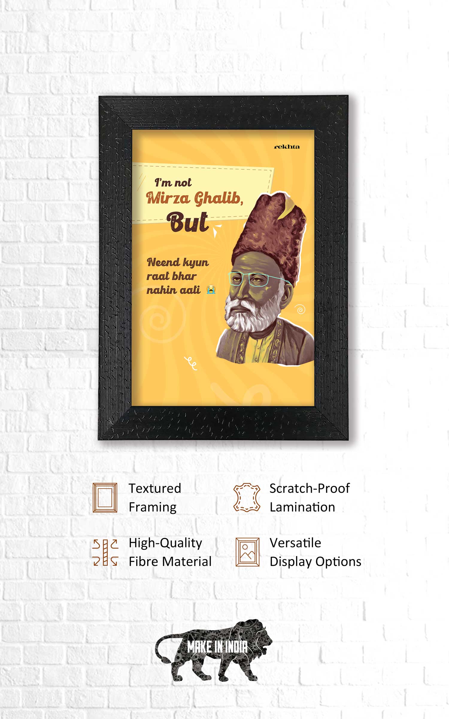 Quotes Wall Posters with Frame for Home and Office of Mirza Ghalib : Neend Kyu Raat Bhar Nahin aati
