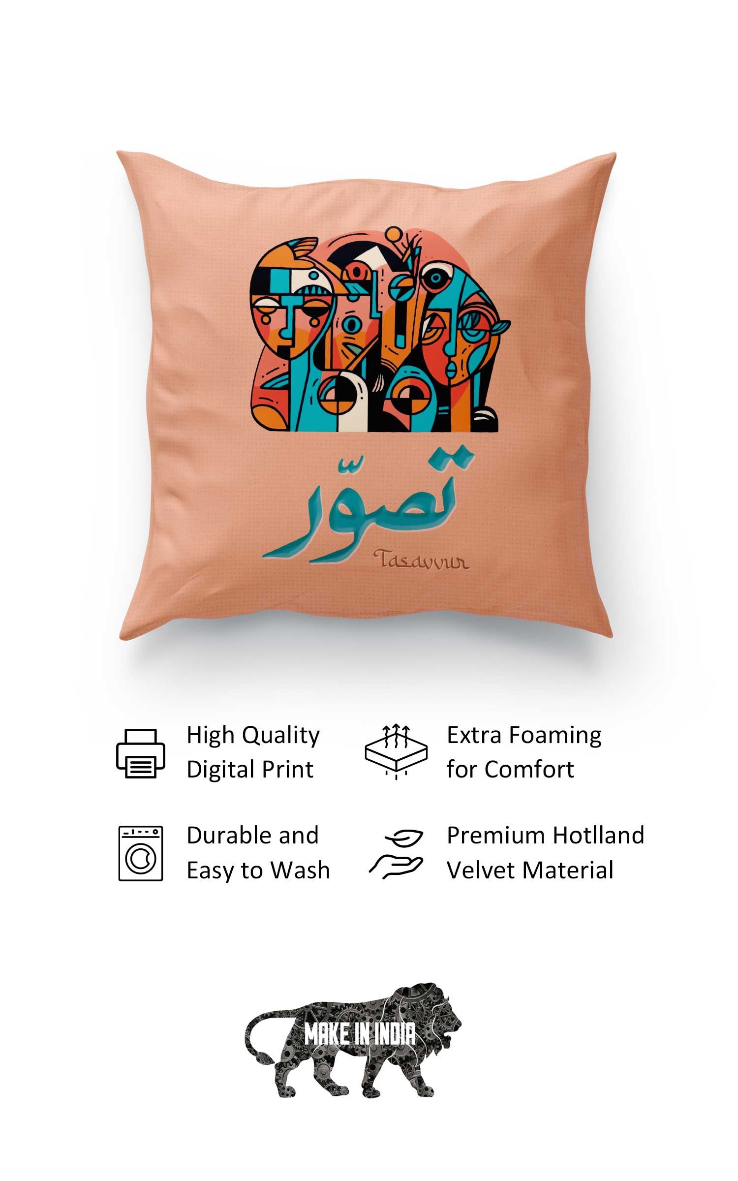 'Tasavvur' Cushion Cover Calligraphy on Holland Velvet - 16X16 (Urdu & English)