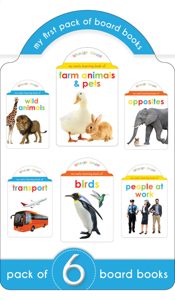 My Super Boxset of Board Books For Kids: Opposites, Wild Animals, Farm Animals and Pets, Birds, Transport, People At Work (Pack of 6 Early Learning Board Books with Attractive shape)