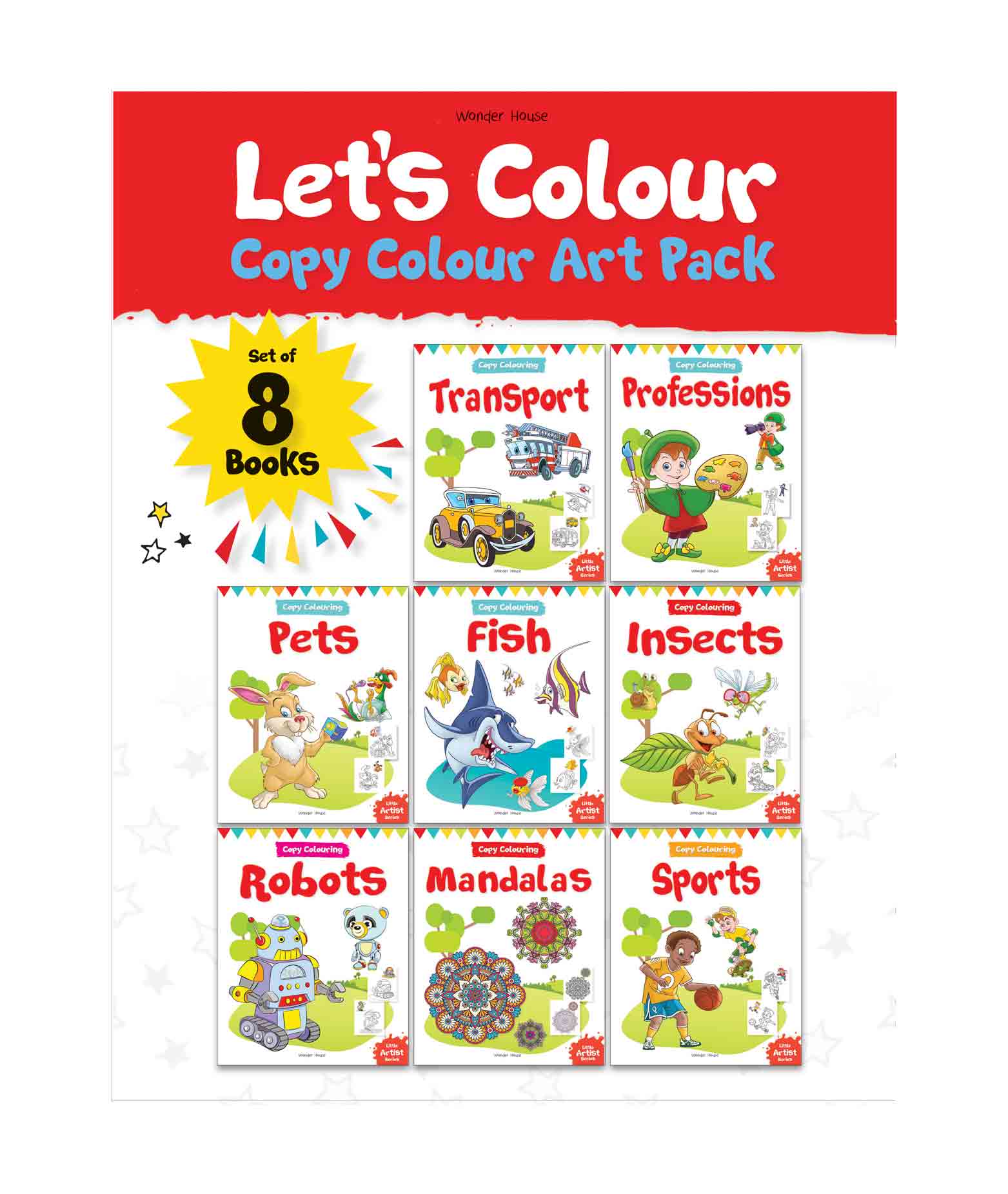 Let's Colour Copy Colouring Boxset : Pack of 8 Books (Transport, Professions, Pets, Fish, Insects, Robots, Mandalas and Sports)