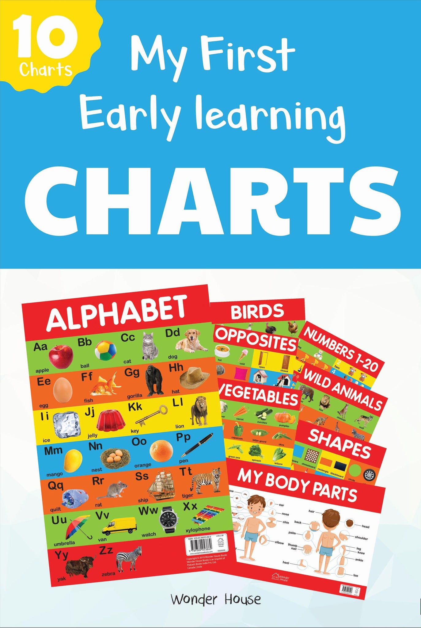 Early Learning Educational 10 Charts Boxset For Kids : Perfect For Homeschooling, Kindergarten and Nursery Students (11.5 Inches X 17.5 Inches) Alphabet, Numbers, Colors, Shapes, Birds, Wild Animals, Fruits, Vegetables, Opposites, My Body Parts